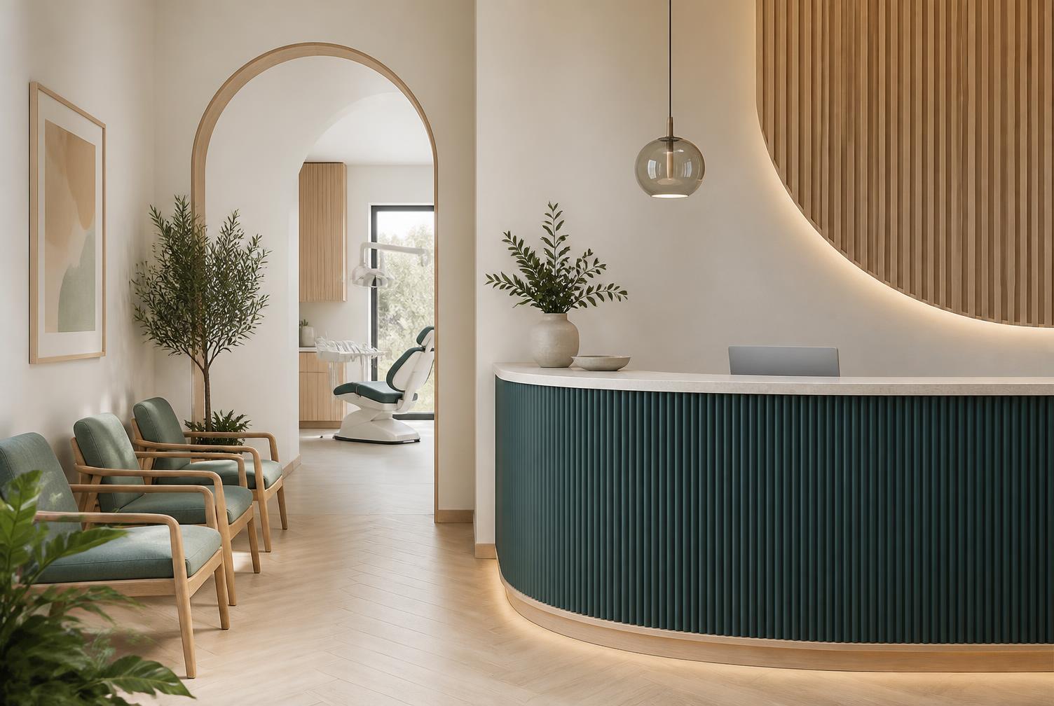Receção da Clínica Médica e Dentária da Guimarota, com sala de espera em tons de marfim e verde